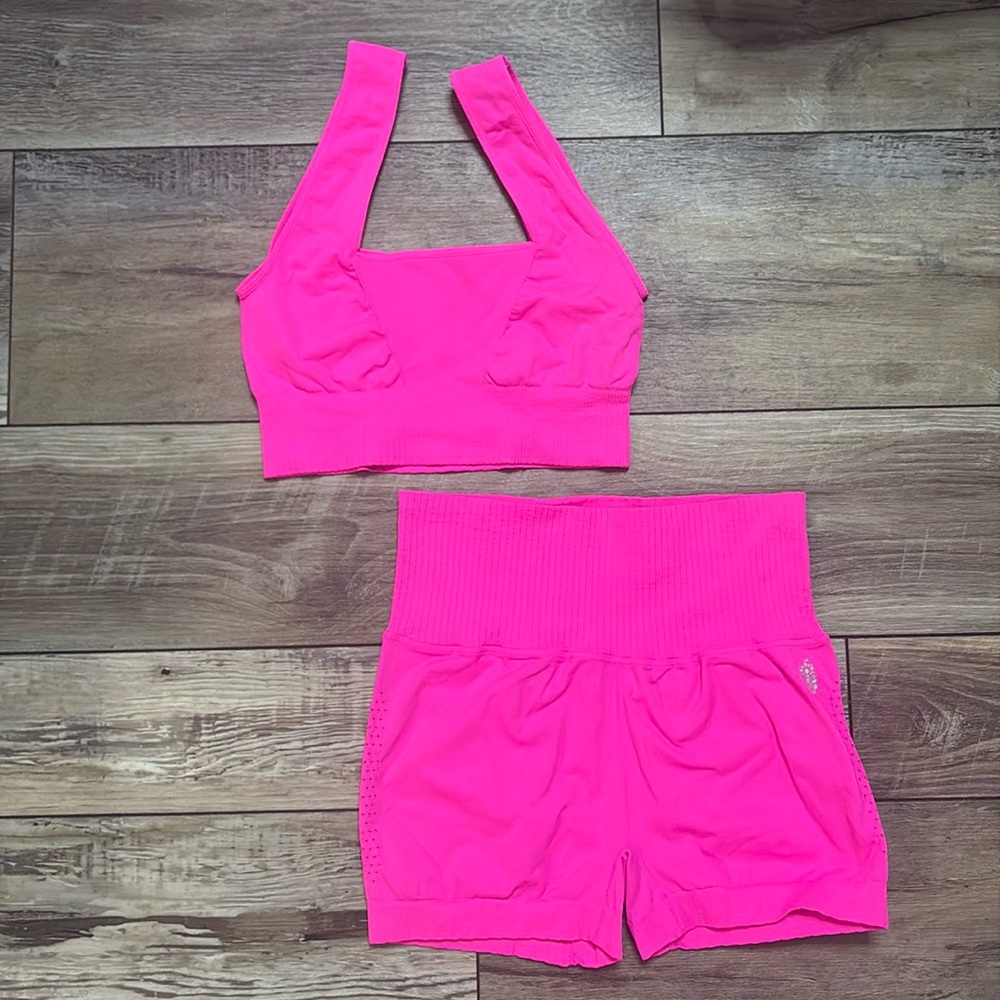 FP Movement by Free People Neon Pink Active Crop Top & High-Waist Shorts Set